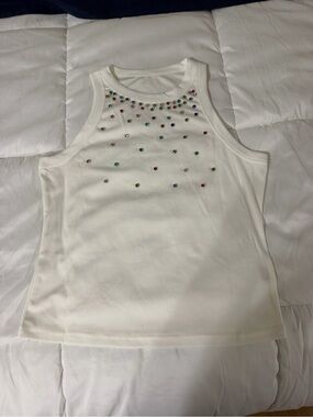 Women’s White Tank Top with Multicolor Gem Accents